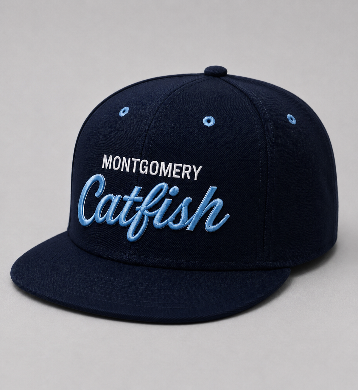 Navy Catfish Script Snapback